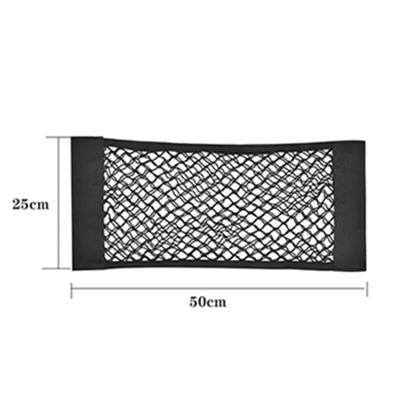 Black elastic mesh car seat back organizer with dimensions 25cm by 50cm