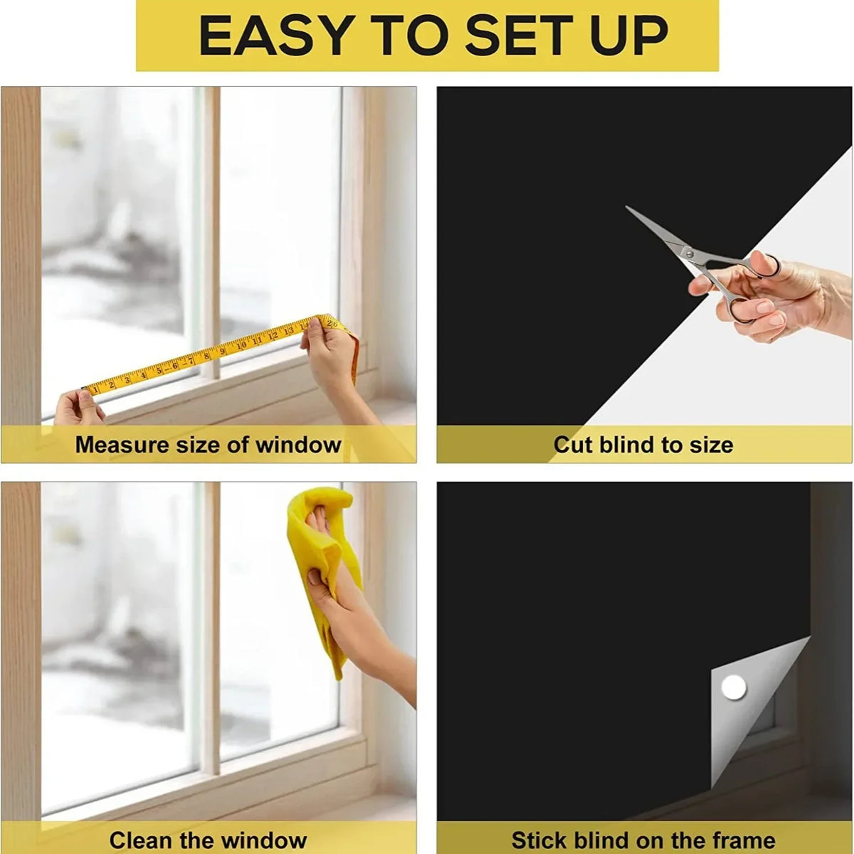 Instructions showing how to measure, cut, clean, and stick self-adhesive blackout blinds onto a window frame.