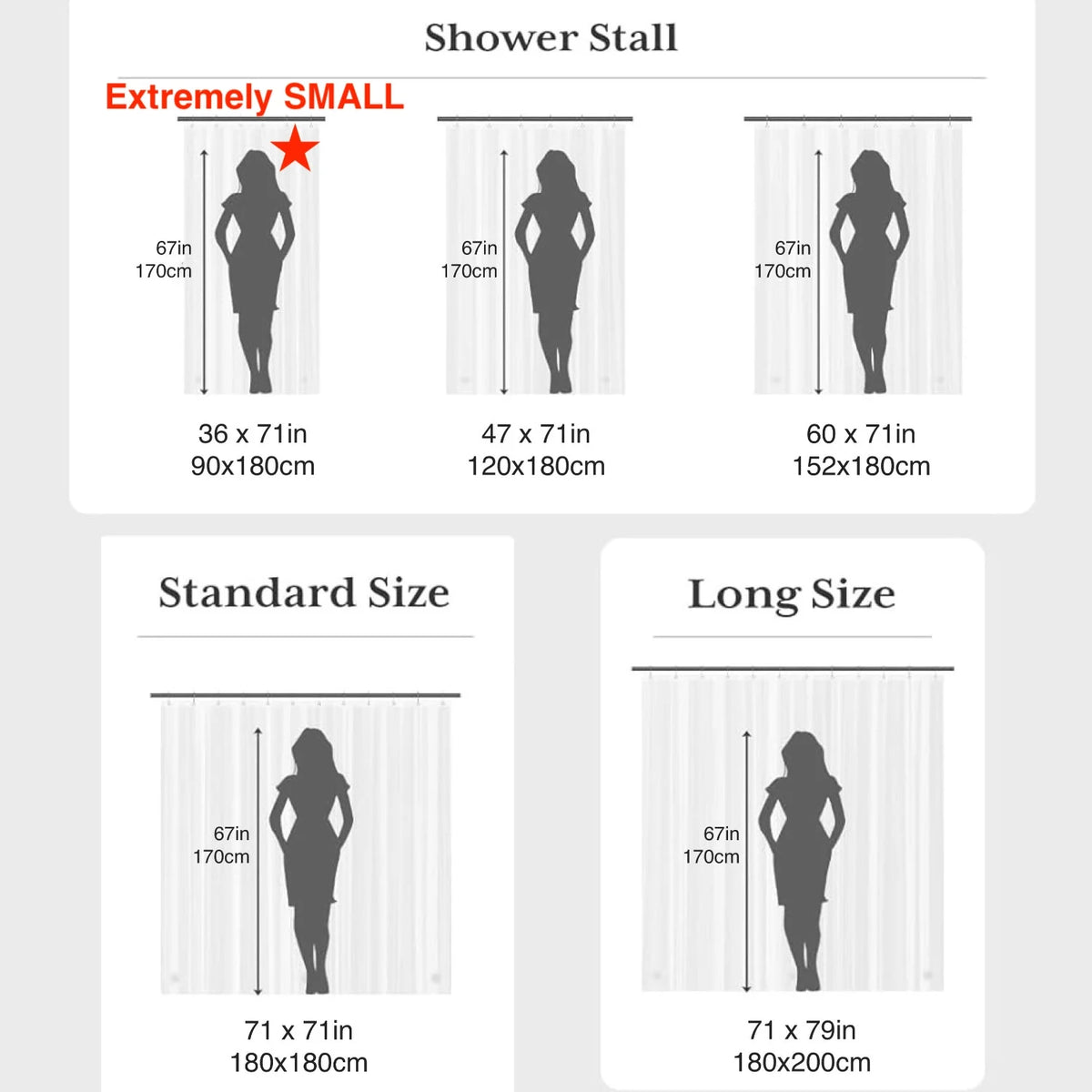 Comparison chart showing sizes for Extremely Small, Standard, and Long Shower Stalls.