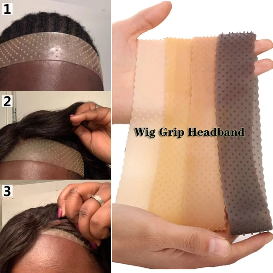 Three views of a silicone wig grip headband in various shades of tan and brown.