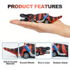 A hand holds a dinosaur pull-back toy car with realistic details and smooth wheels.