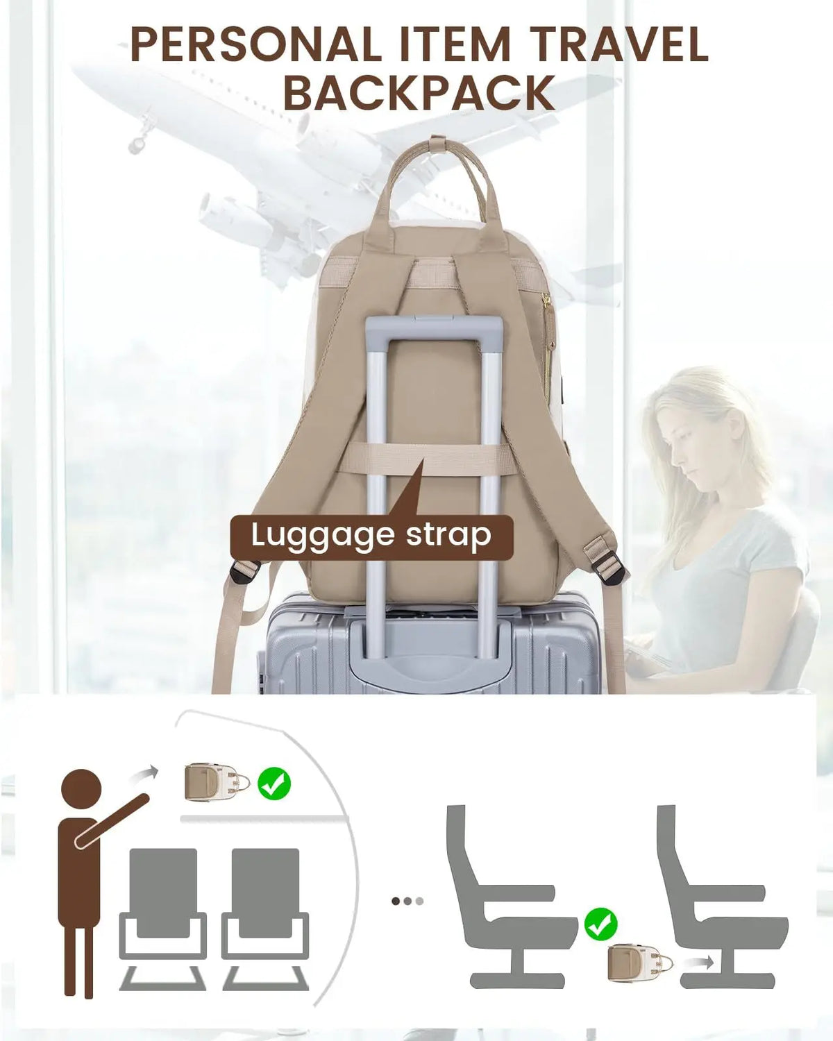 A tan personal item travel backpack with a luggage strap is shown next to a laptop and various items.