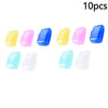 Ten colorful protective toothbrush head covers in various shades of yellow, pink, and blue.