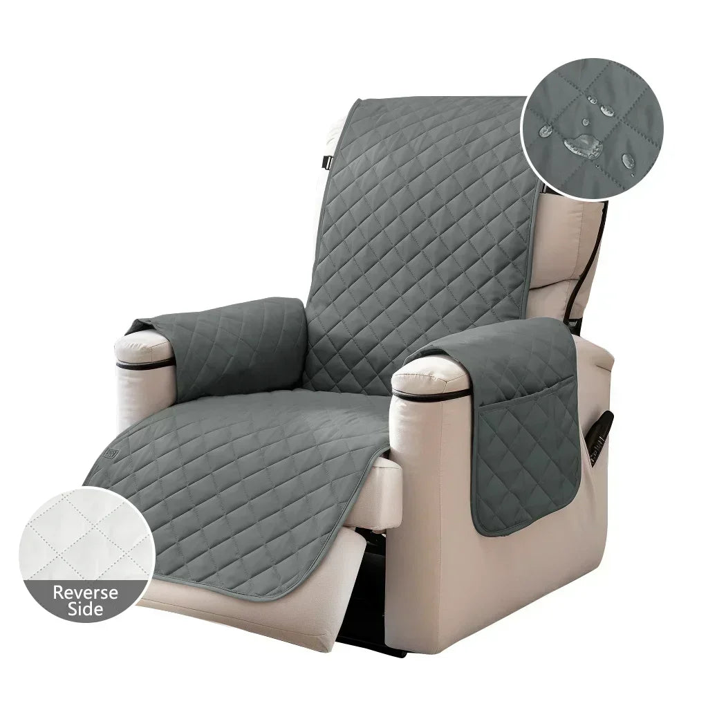 A gray waterproof non-slip recliner sofa cover with side pockets shown on a beige recliner chair.