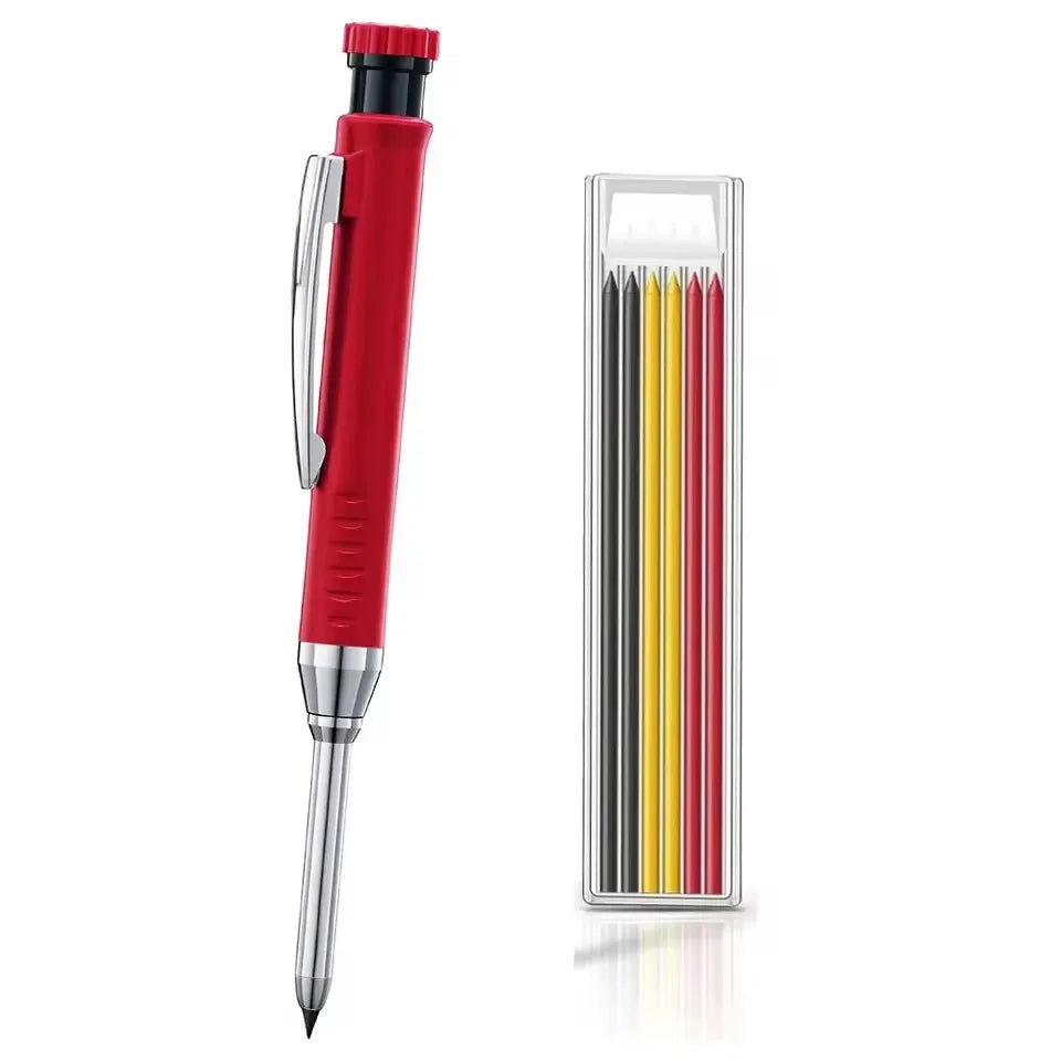 A red precision mechanical pencil with a clear plastic barrel and multiple colored lead tips is shown vertically.