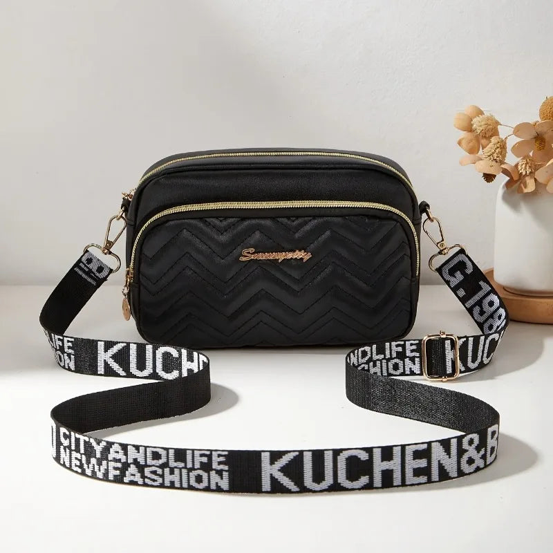 Quilted Crossbody Camera Bag with Wide Letter Strap