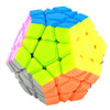 A colorful, geometric puzzle cube featuring neon green, yellow, pink, and orange faces.
