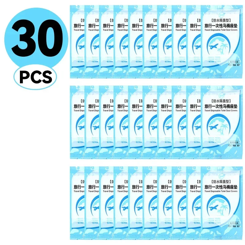 A pack of 30 disposable toilet seat covers for travel and portable use.