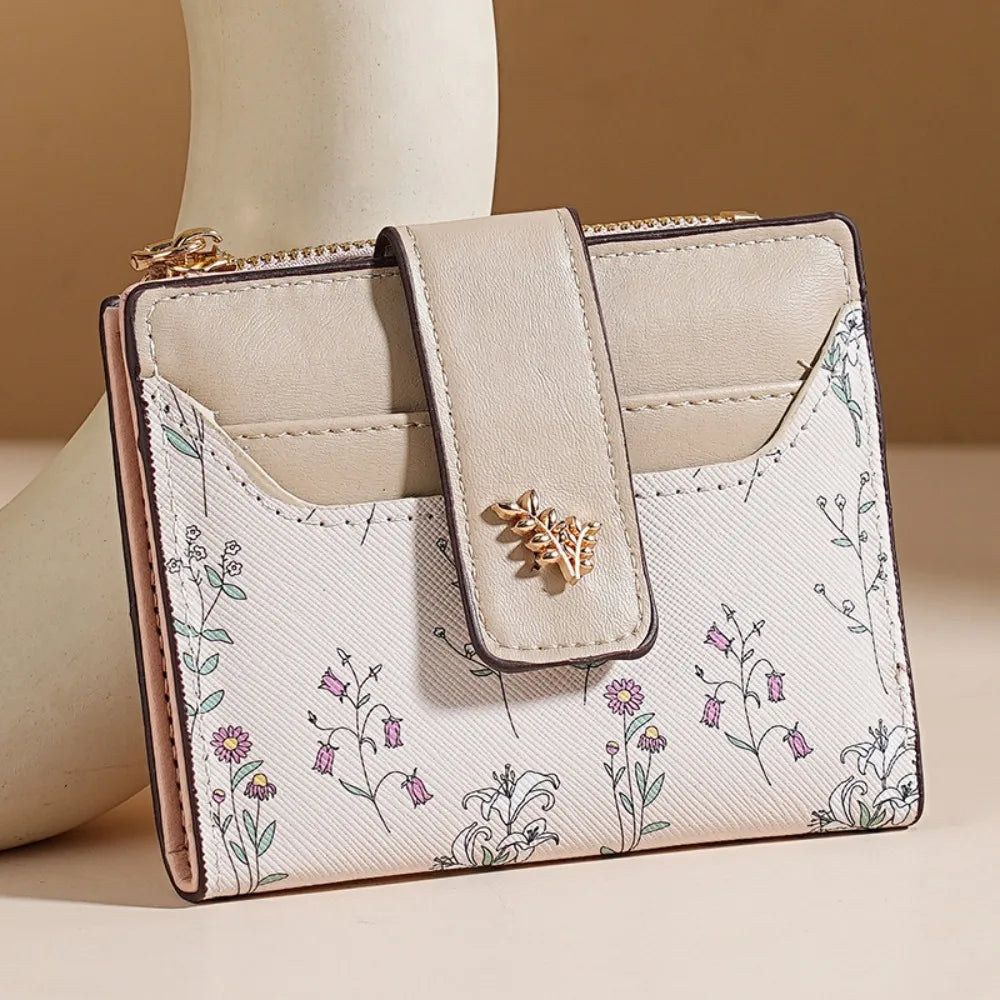Slim PU Leather Zipper Wallet with Floral Detail