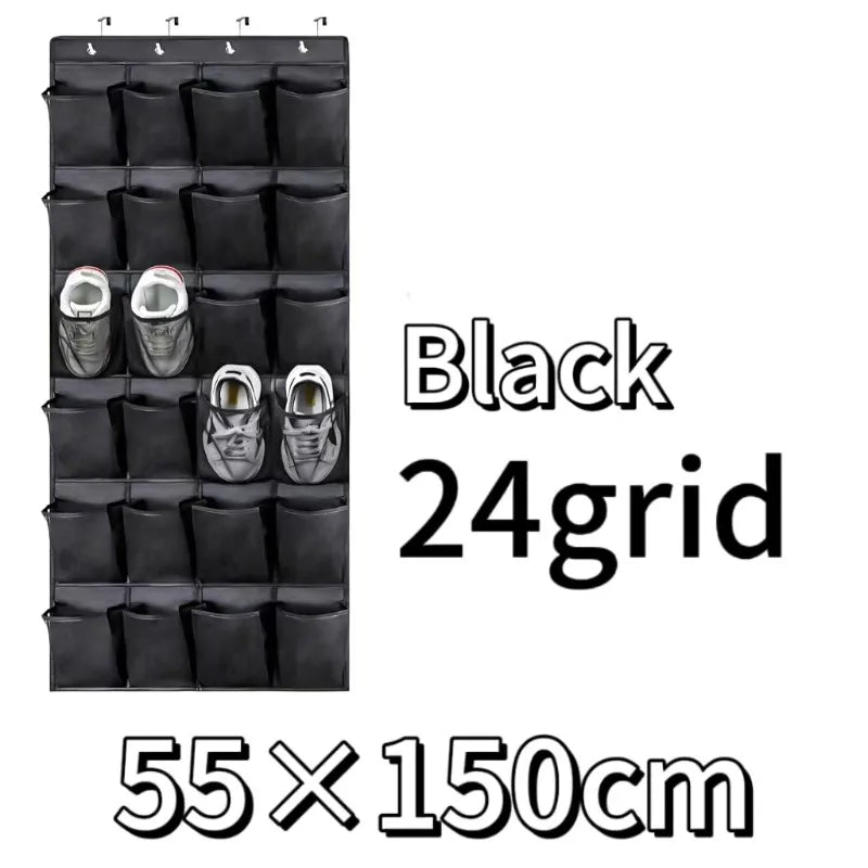 Black 24 grid over-the-door mesh shoe organizer with hanging pockets measuring 55x150cm
