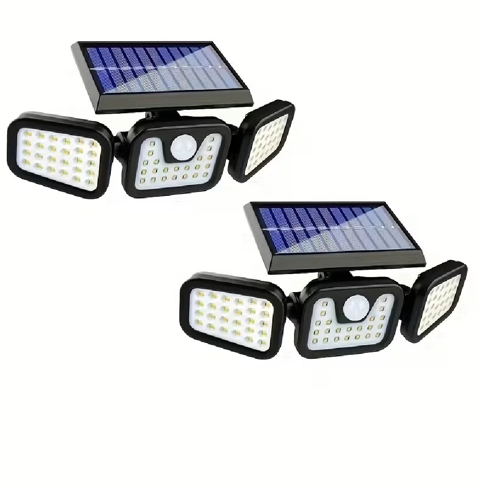 A set of three solar motion sensor security lights with integrated solar panels and LED bulbs.