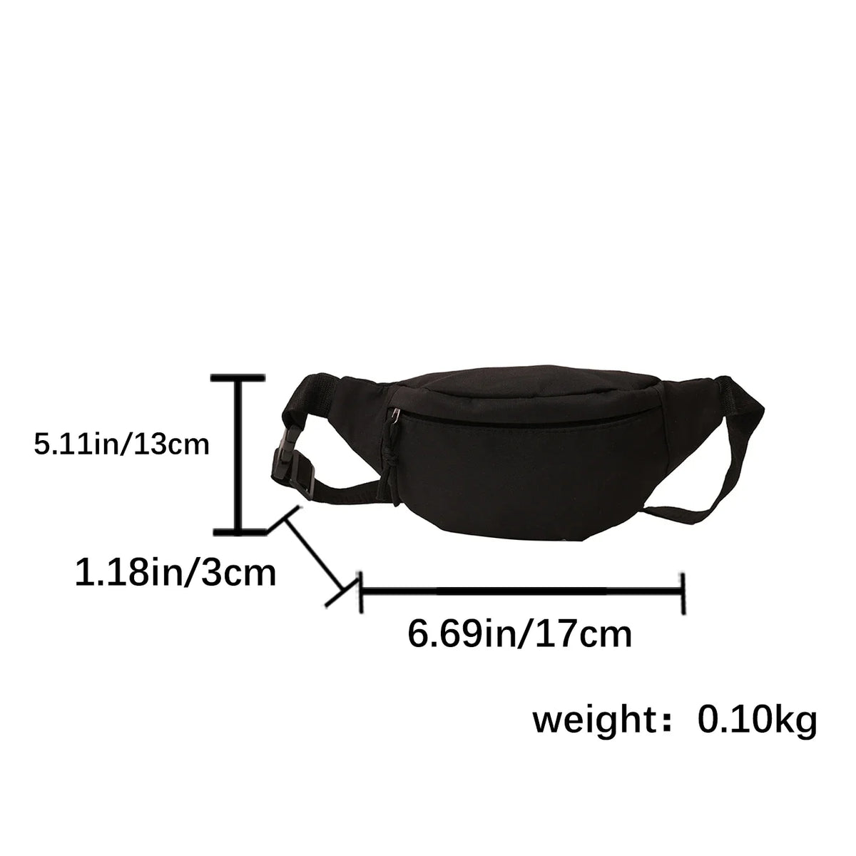Bolso cruz de nylon negro con medidas y peso.