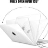 A white MacBook Air is shown with a fully open display, demonstrating its hinge flexibility.