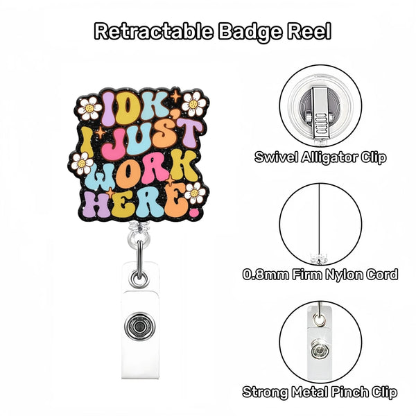 Retractable badge reel featuring an ID design on a clip with a nylon cord and metal pinch clip.