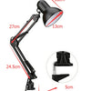 Adjustable swing arm desk lamp showing its dimensions and clamp mount detail.