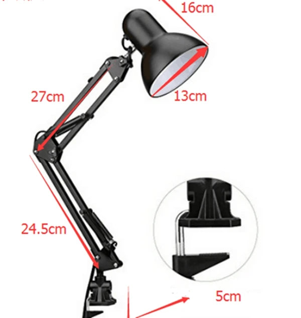 Adjustable swing arm desk lamp showing its dimensions and clamp mount detail.