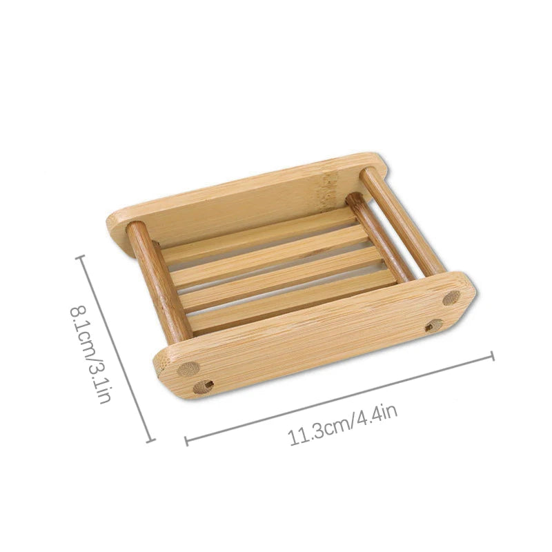 A light wood bamboo soap dish with slats for fast-drying drainage.
