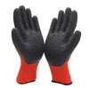 A pair of black crinkle latex coated work gloves with orange accents shown from the palm side.