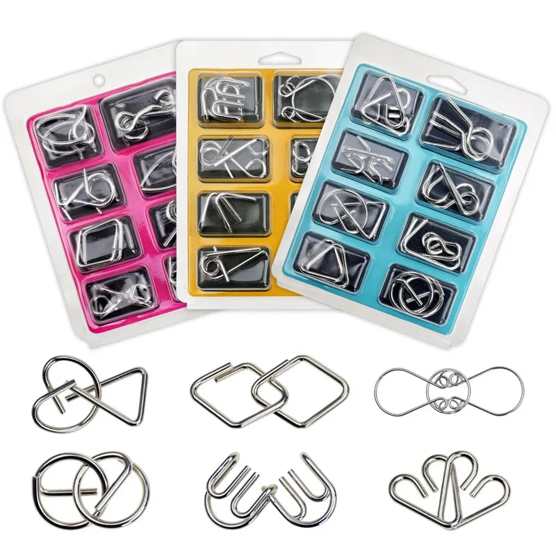 A set of metal wire puzzle brain teasers in various shapes and sizes packaged in plastic trays.