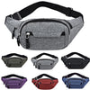 A collection of canvas waist packs in various colors including gray, black, purple, red, and blue.