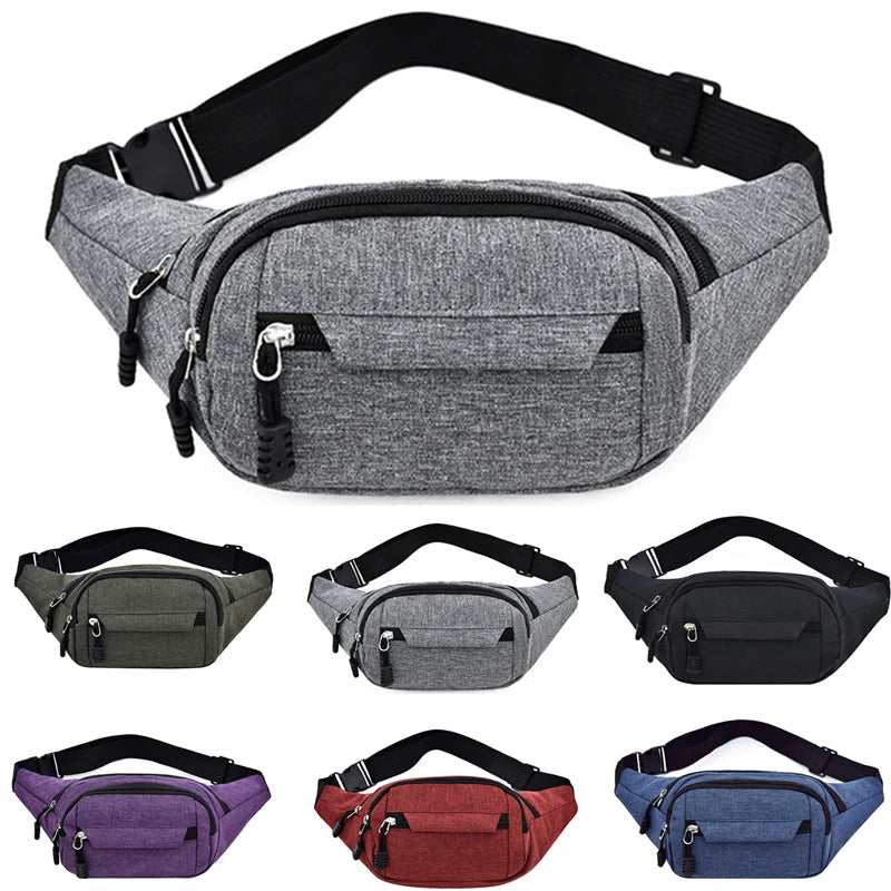 A collection of canvas waist packs in various colors including gray, black, purple, red, and blue.