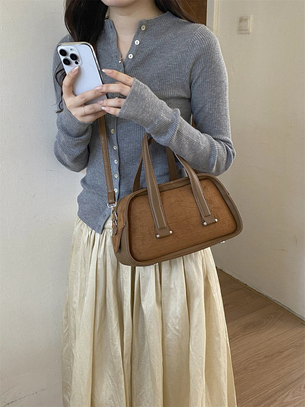 Vintage Croc-Embossed Mini Boston Bag with Dual Straps