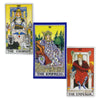 Three tarot cards showing The Chariot, The Empress, and The Emperor from the Rider-Waite deck