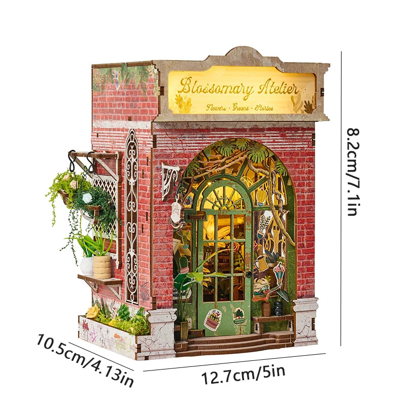 A decorative brick display featuring a wooden book nook kit with an arched window and floral accents.