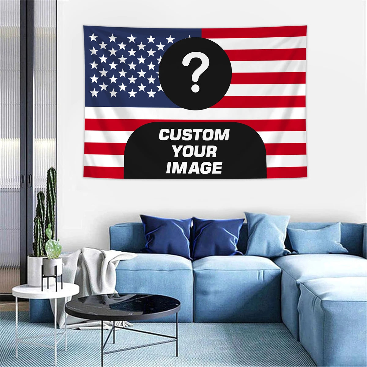 Patriotisches Flaggen-Tapestry mit amerikanischem Flaggenmuster, bei dem ein Fragezeichen die Sterne ersetzt.