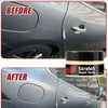 Before and after comparison of a car scratch repair paste applied to a dark vehicle's paint.