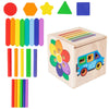 A wooden sorting toy set featuring various colored shapes and sticks for toddlers.