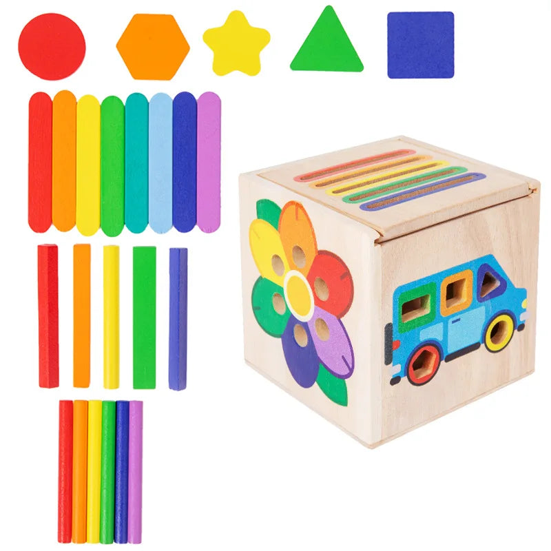 A wooden sorting toy set featuring various colored shapes and sticks for toddlers.