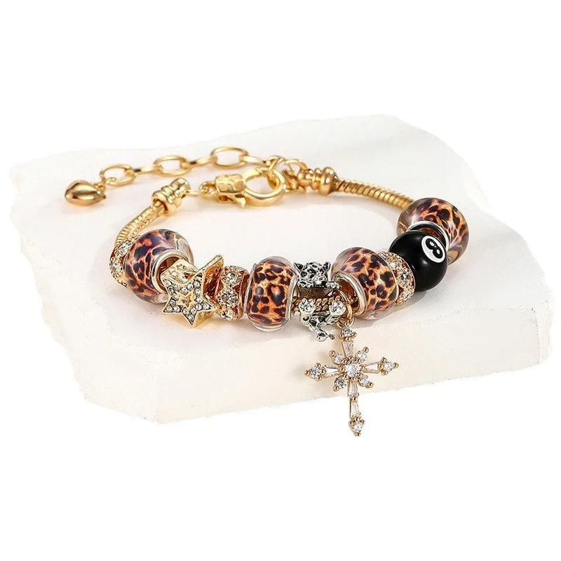 Leopard Cross & Black Beaded Bracelet with Sparkling Crystal Accents