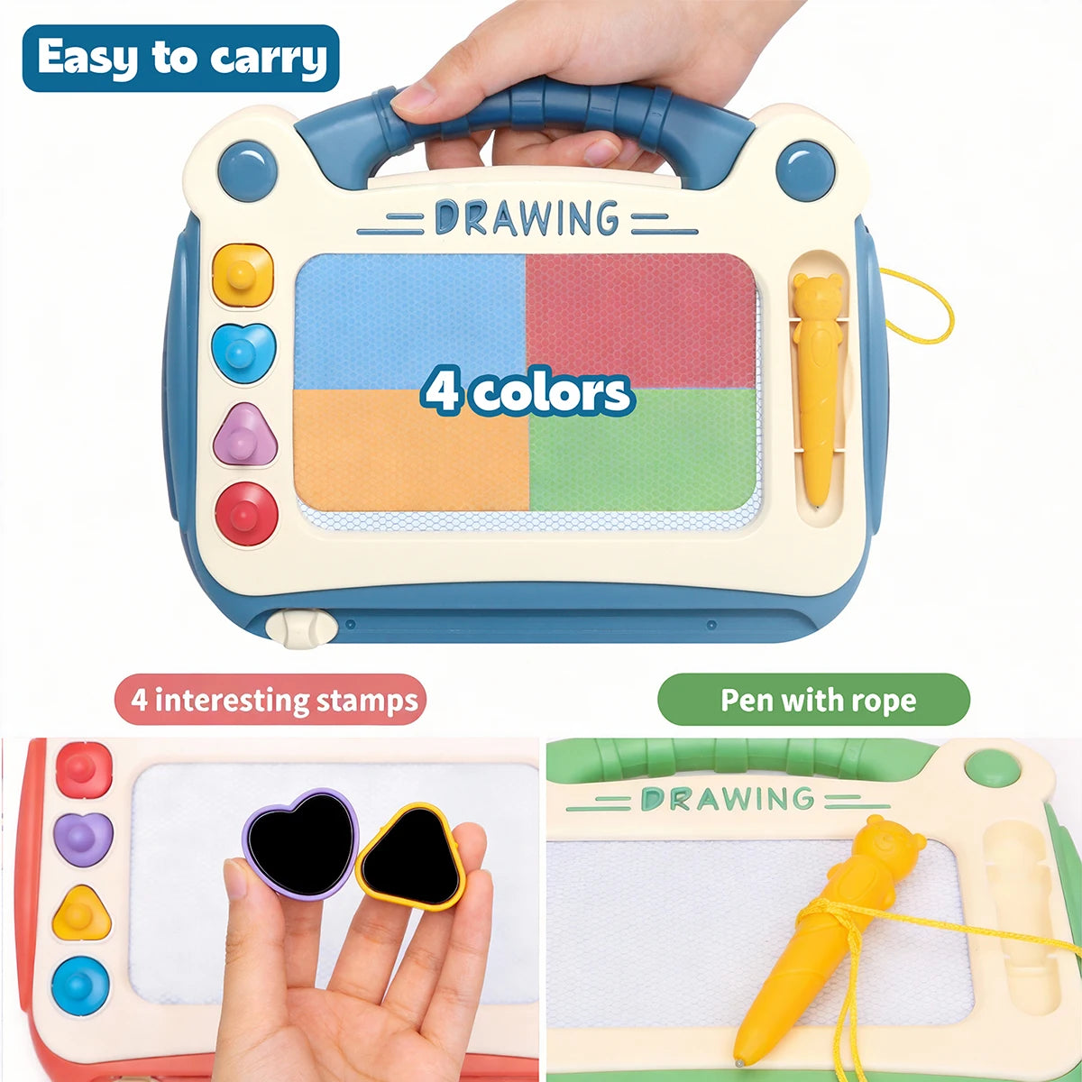 A portable drawing board featuring four colored magnetic stamps and a pen with rope for creative activities.