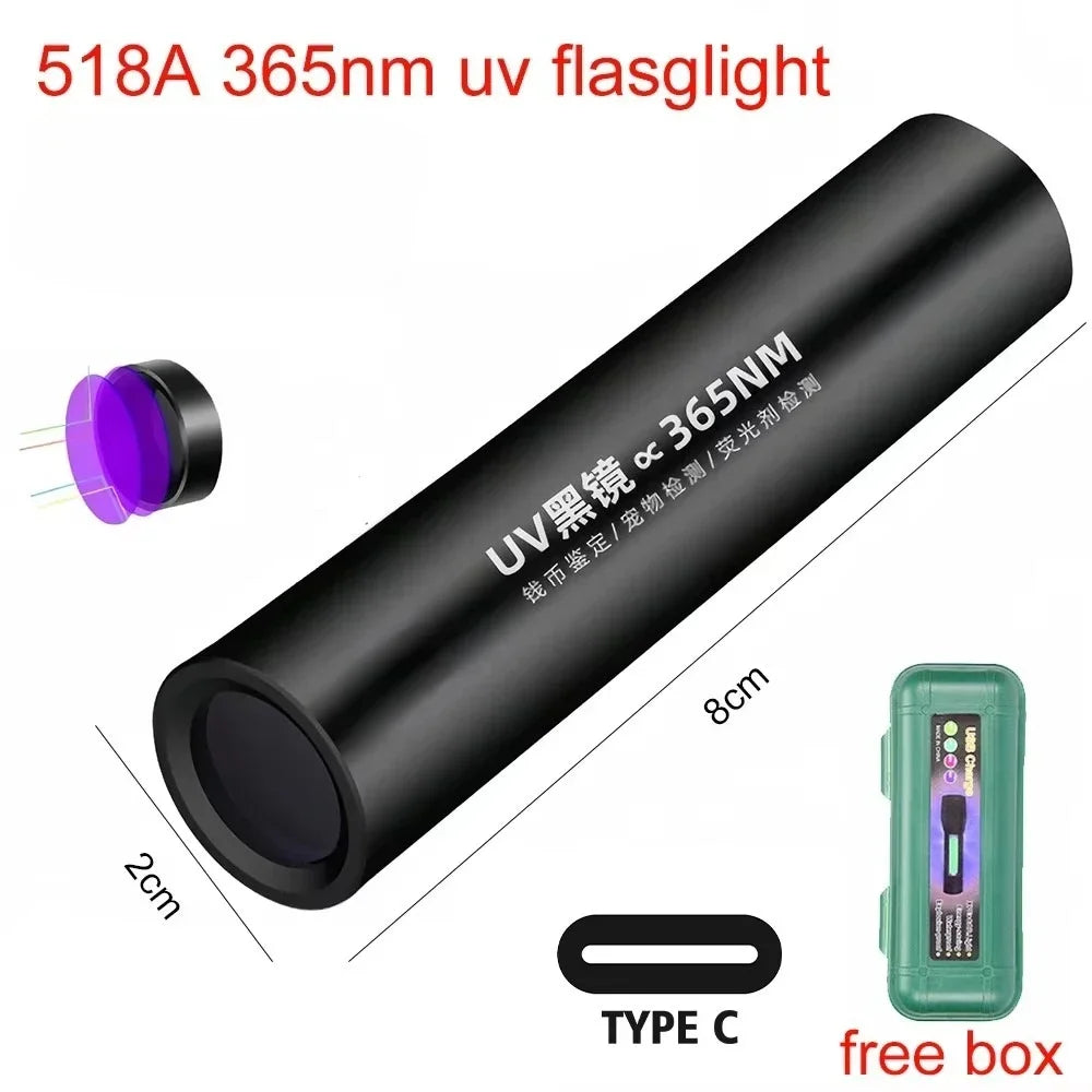A black cylindrical UV flashlight with a purple light, featuring a Type C charging port and a free box.