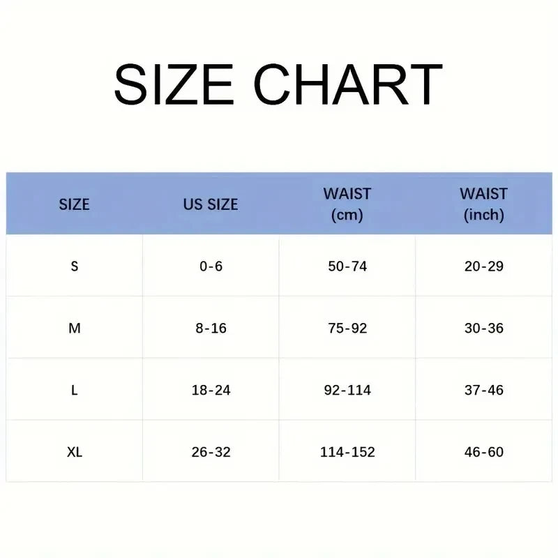 Size chart showing waist measurements in centimeters and inches for various sizes S, M, L, and XL