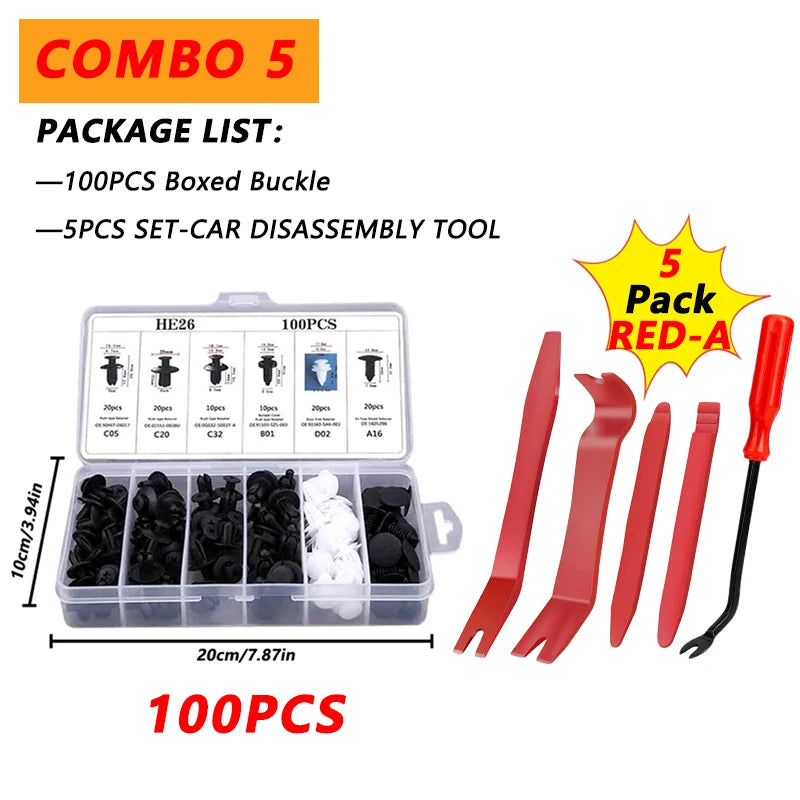 Combo 5 package list showing a set of 100 pieces of boxed buckle and 5 pieces of car disassembly tools