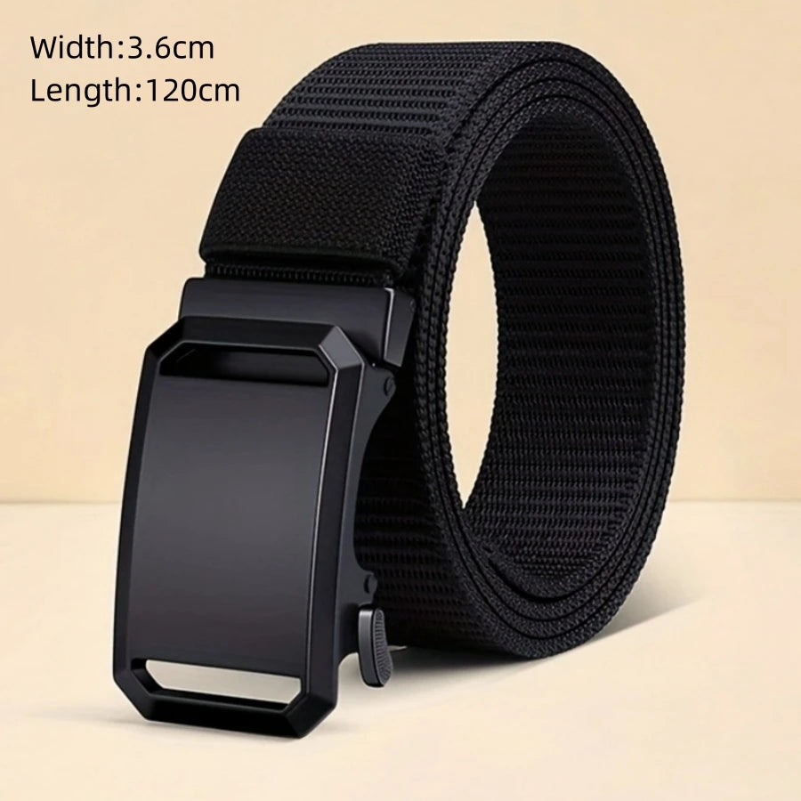 Black tactical nylon belt with a secure metal buckle shown flat lay.