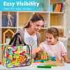 A woman is shown with a girl playing with colorful plastic storage bags filled with small toys on a table.
