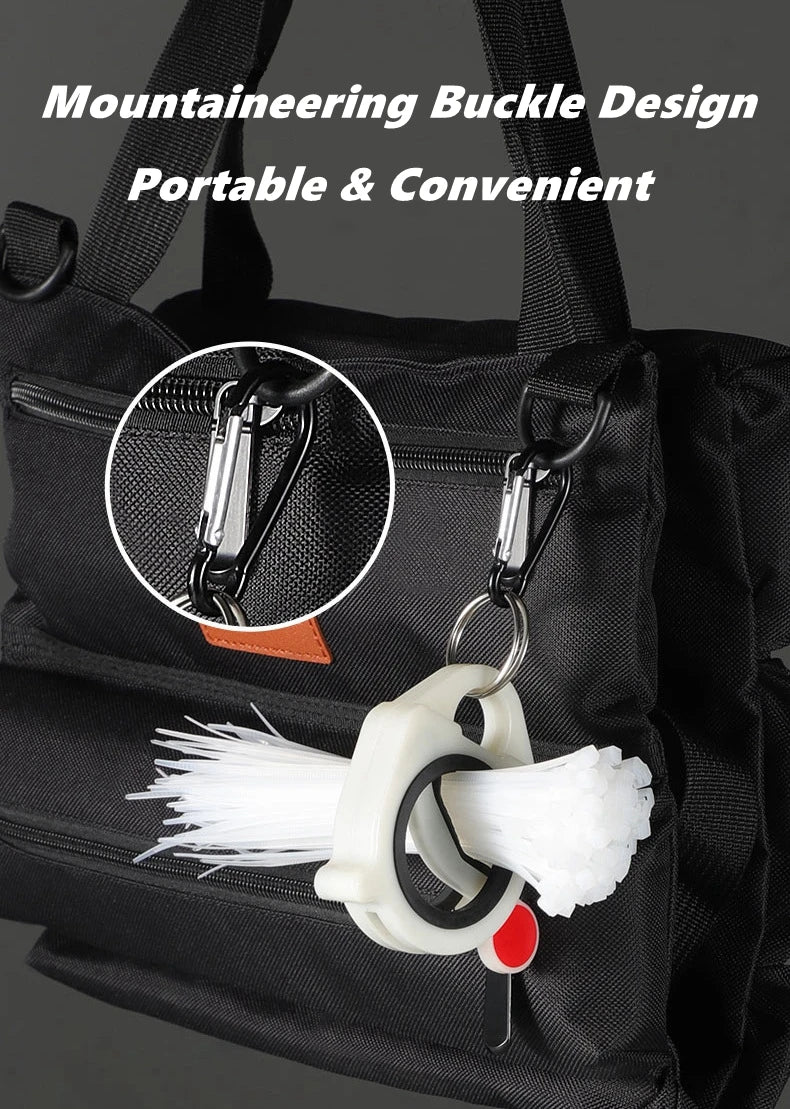 A white reusable fluorescent cable tie is attached to a black backpack using a mountaineering buckle design.