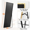 A full-length black mirror with an aluminum alloy frame shown in various mounting configurations and connection details.
