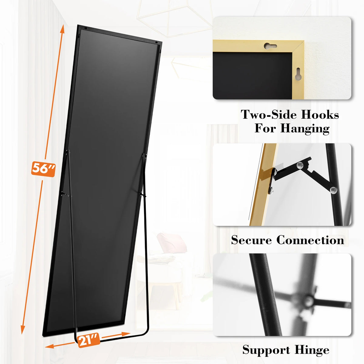 A full-length black mirror with an aluminum alloy frame shown in various mounting configurations and connection details.
