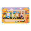 A wooden magnetic color sorting maze board featuring colorful train vehicles and various colored balls.