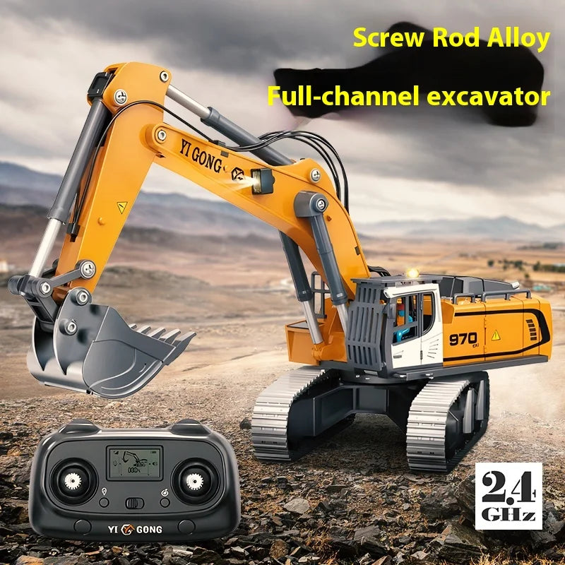 Yellow Yi Gong excavator model with a full-channel screw rod alloy and remote control transmitter