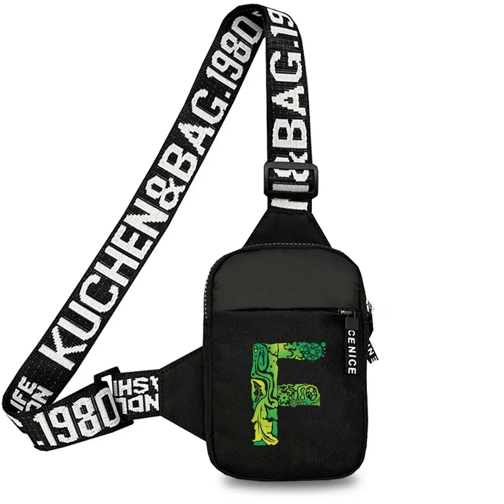 Black canvas chest bag with a wide strap featuring the text KUCHEN&BAG.1980