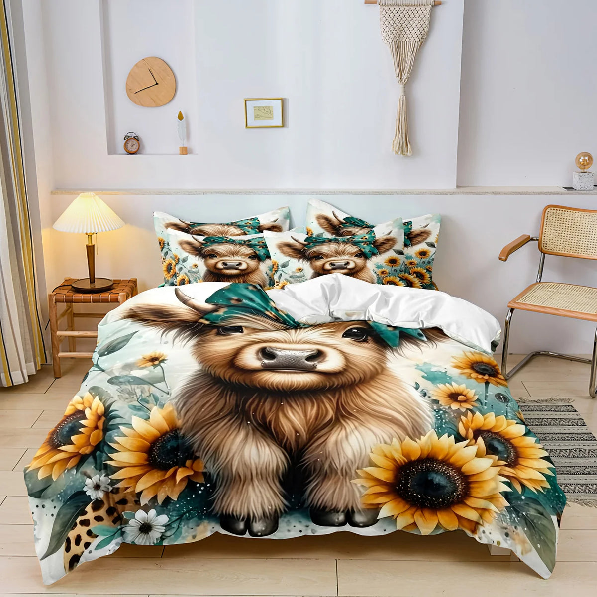 Highland cow print bedding set featuring a large cow design on a duvet cover and pillowcases