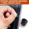 A hand is demonstrating the strong adhesive backing and peel-proof hold of a black rubber seal strip used for car doors.