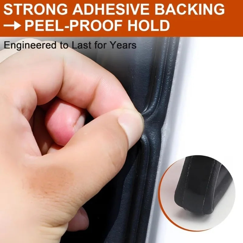 A hand is demonstrating the strong adhesive backing and peel-proof hold of a black rubber seal strip used for car doors.