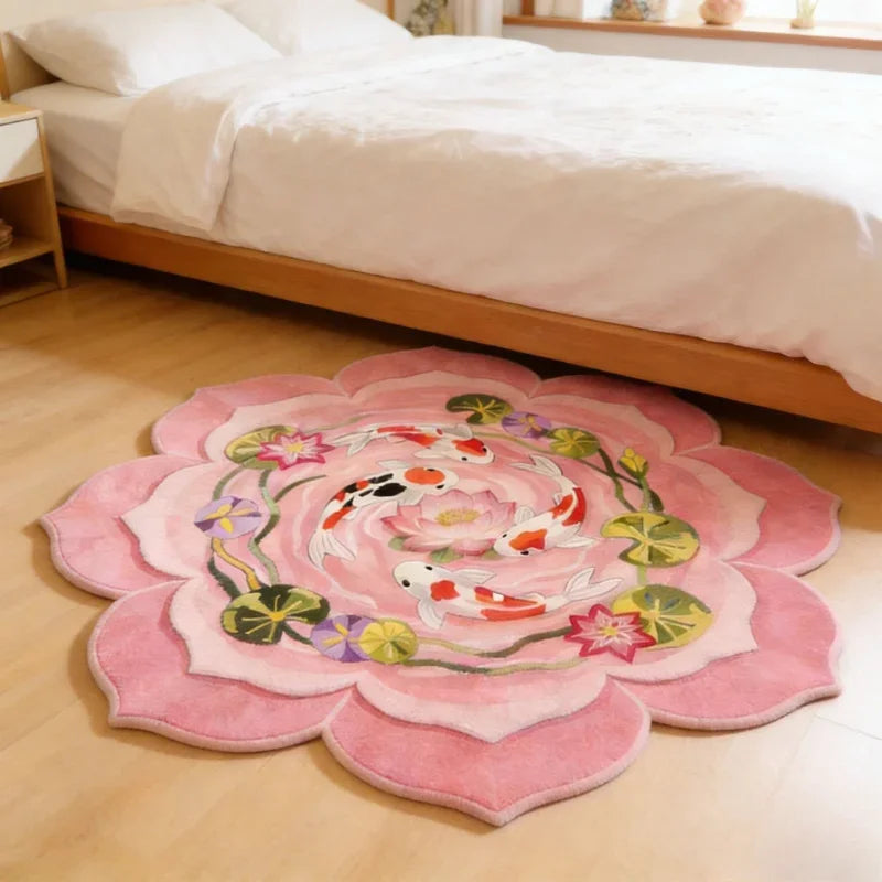A round plush rug featuring a pink background with colorful koi fish patterns on a light wooden floor.
