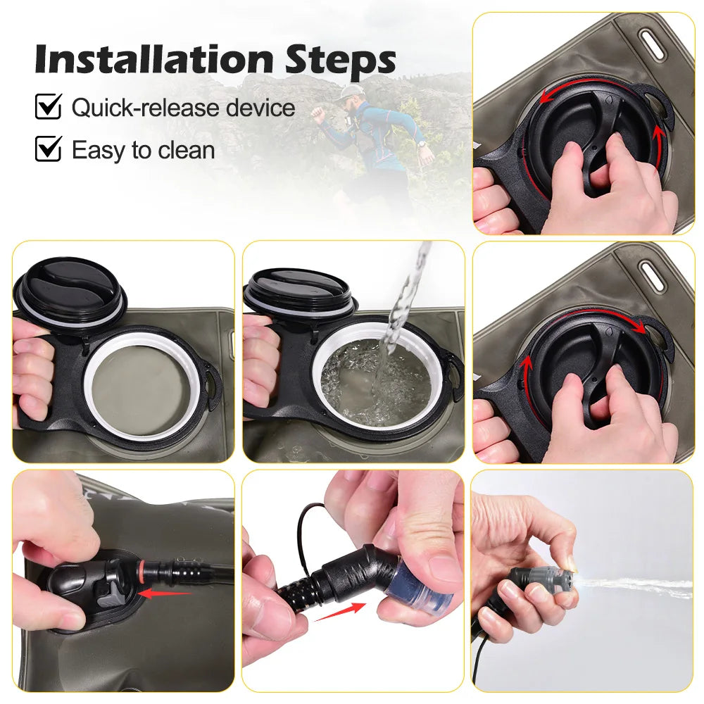 Installation steps showing a quick-release device and cleaning process for a collapsible hydration bladder.